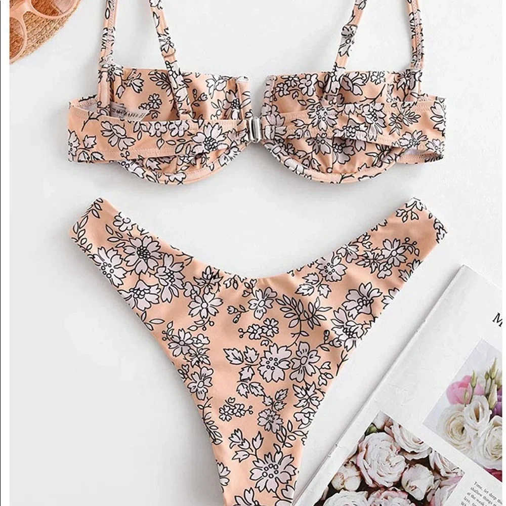 ZAFUL Women's Floral V-Wired Underwire High Leg Two Piece Bikini Set Swimsuit - Picture 13 of 13
